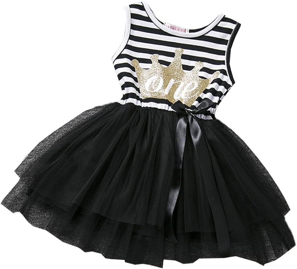Baby Girls 1st/2nd/3rd Birthday Party Dress Outfit Striped Shiny Letter Crown Cake Smash Party Princess Tulle Skirt Clothes