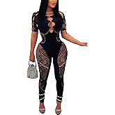 WEICHUJIAN Women's Sexy Jumpsuit Mesh Halter Neck Hollow Perspective Rhinestone Slim Fit Stretch High Waist Lace Rompers