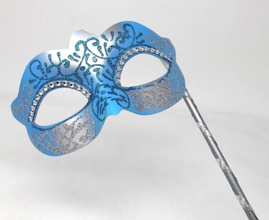 MASK & CO LADIES TURQUOISE & SILVER CRYSTAL JEWELLED EYES VENETIAN MASQUERADE CARNIVAL PARTY EYE BALL MASK ON A STICK,7cm Deep