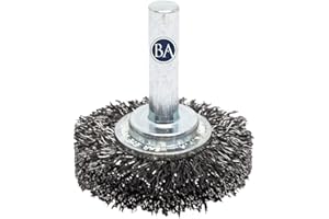 Benchmark Abrasives 1-1/2" Mounted Crimped Wire Wheel for Cleaning deburring on Cast Iron, Steel, Titanium, Nickel, 1/4" Shank for Rotary Tools, Coarse Grit - Carbon Steel