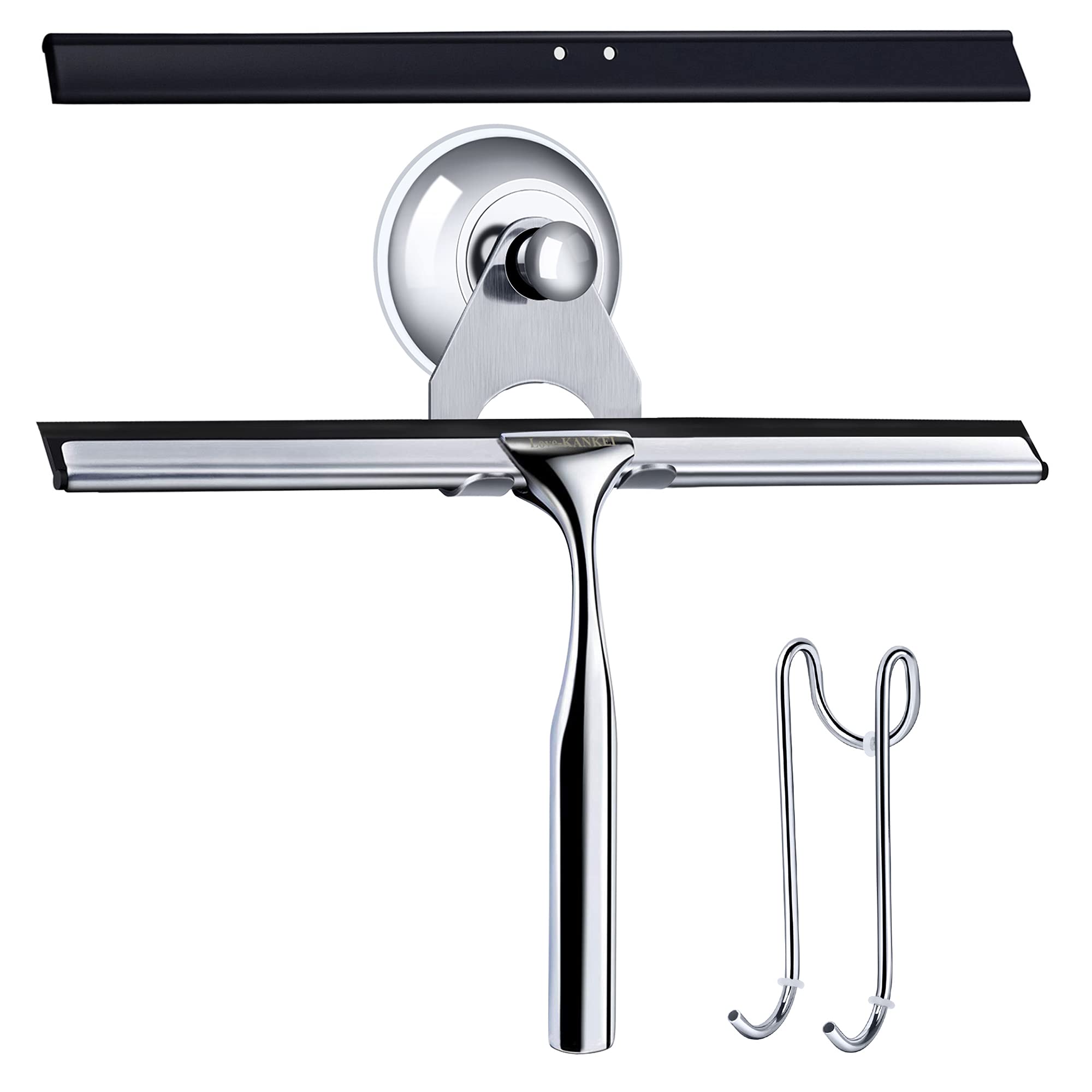 Love-KANKEI Shower Squeegee Stainless Steel Shower Scraper No Drill Shower Wiper with Suction Cup and Replacement Rubber Blade for Mirror, Window, and Bathroom Door Cleaning