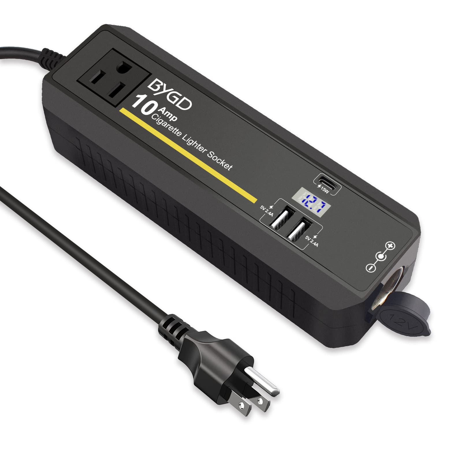 Photo 1 of BYGD 4 in 1 AC to DC Converter, 120W Adapter 12V 10A Car Cigarette Converter Lighter Socket Cigarette Lighter Socket Power Adapter 2 USB Ports 5V/2.4A and Type-C, LCD Screen