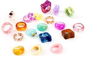 AIDSOTOU 20 Pcs Resin Rings Acrylic Cute Trendy Rings Colorful Rhinestone Rings Jewelry Plastic Resin Square Gem Stackable Chunky Ring for Women
