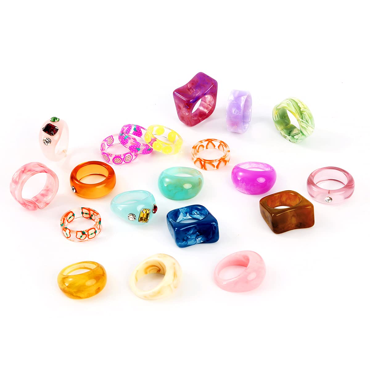 AIDSOTOU 20 Pcs Acrylic Cute Trendy Colorful Rhinestone Stackable Chunky Rings for Women