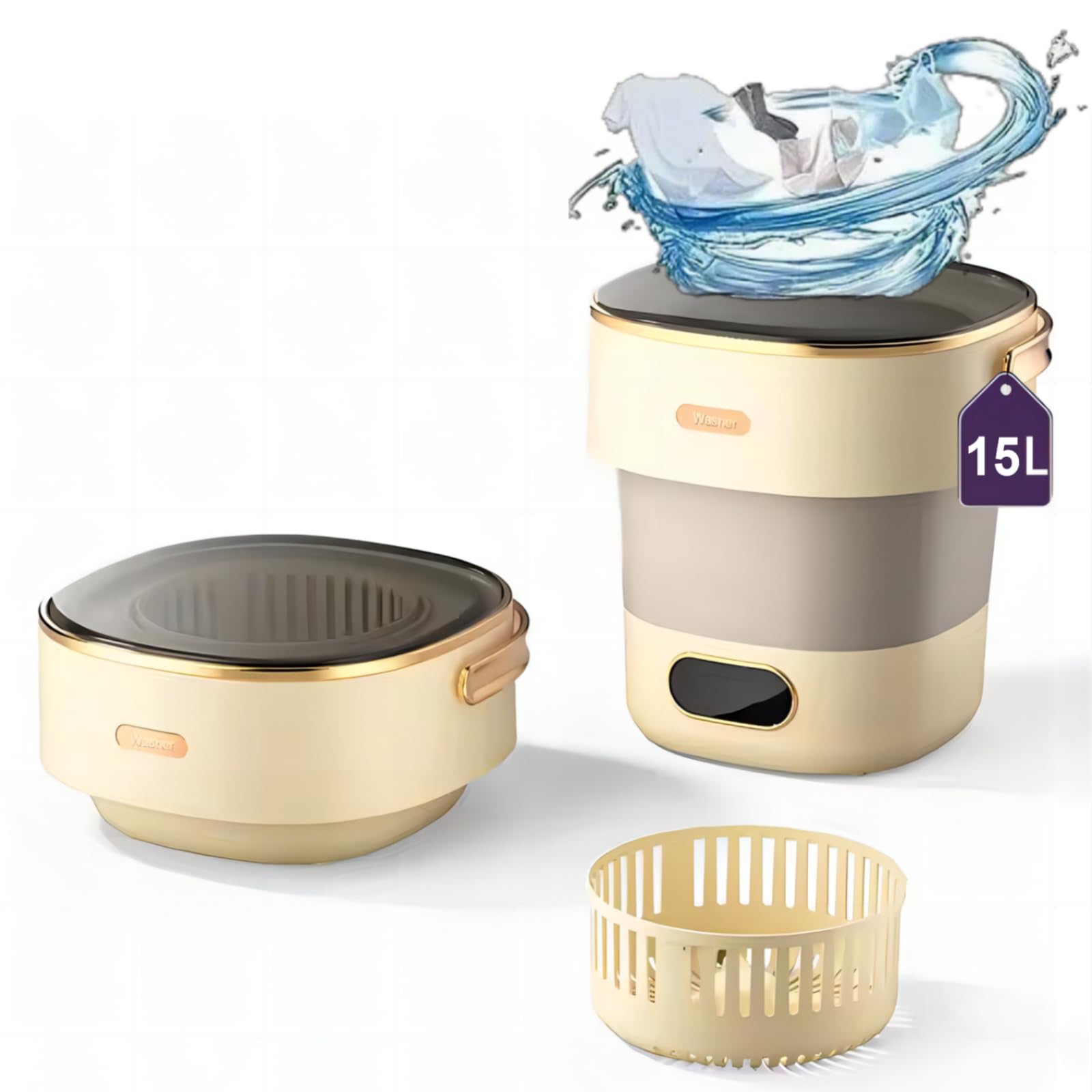 Photo 1 of HusonoLife Portable Washing Machine 15L Small Washer and Dryer Mini Washing Machine for Underwear Baby Clothes Socks Foldable Washer lavadora portatil for Apartment Dorm Camping RV Travel (Khaki)