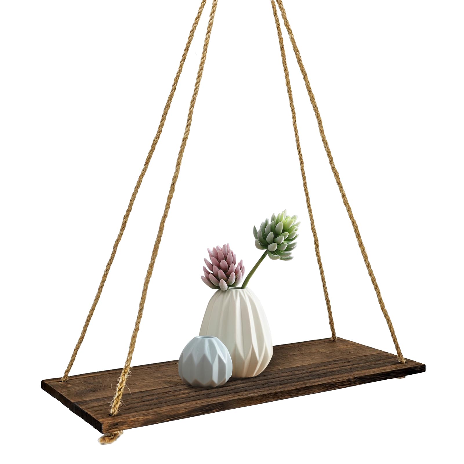 FuninCrea Floating Shelves, 35 * 14 * 1cm Hanging Floating Shelf Wooden Shelf with Swing Rope, Multipurpose Wooden Shelves Rustic Floating Shelves for Bathroom, Kitchen (black)