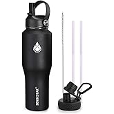 SENDESTAR Water Bottle 32oz,Wide Mouth Stainless Steel Vacuum Insulated Double Wall Keep Liquids Cold or Hot All Day,Sweat Proof Sport Design,Fit Car Cup Holder,2 Lids(Straw and Spout lid)(Black)