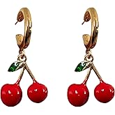 Anmpab Cute Strawberry Cherry Earrings for Women Sweet Red Fruit Cherry Strawberry Dangle Drop Hoop Earrings Jewelry Accessories