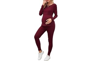 KOJOOIN Women's Maternity Rib Knit Tops Casual Long Sleeve Breastfeeding Nursing Shirts and Leggings Pants Sets Outfits