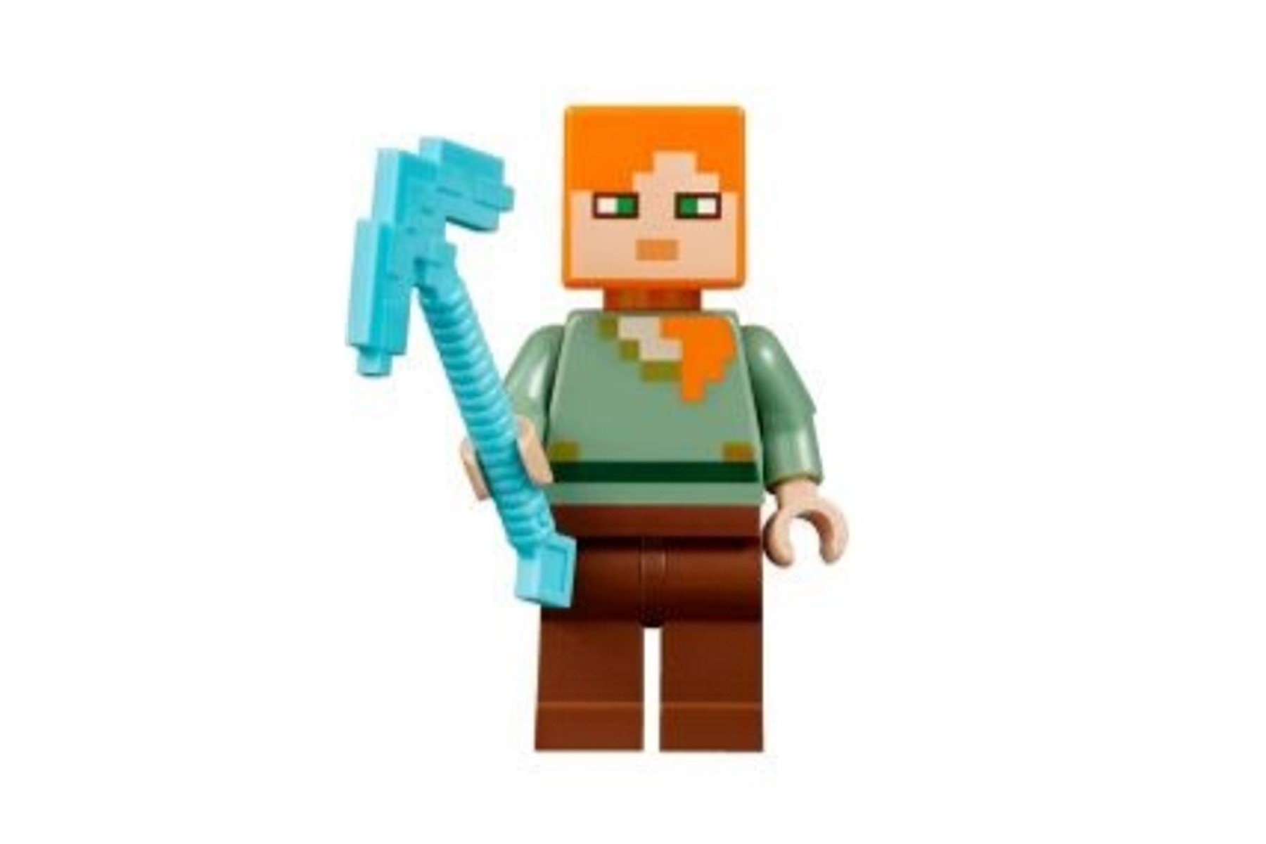 Female girl woman Minecraft Alex Lego Minifigure with diamond pick axe.