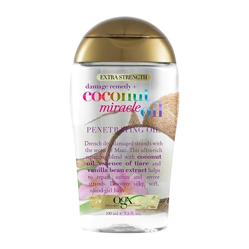 OGX Coconut Miracle Oil Extra Strength Penetrating Hair Oil for Dry, Damaged, and Frizzy Hair, Intense Hydration, Frizz Control, and Shine with Coconut Oil, Tiare, and Vanilla Bean Extracts, 100 ml