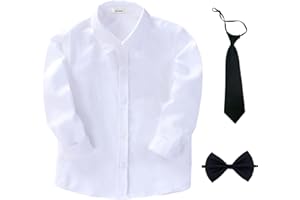 aromm Boys Long Sleeve Dress Shirt Solid White Button Down Oxford Tops with Tie and Bowtie