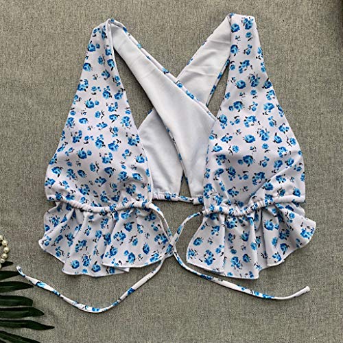 Lotus.Flower Women Ruffles Ribbons Floral Print Tankini Set Bikini Swimwear Bathing Beachwear (L, White)