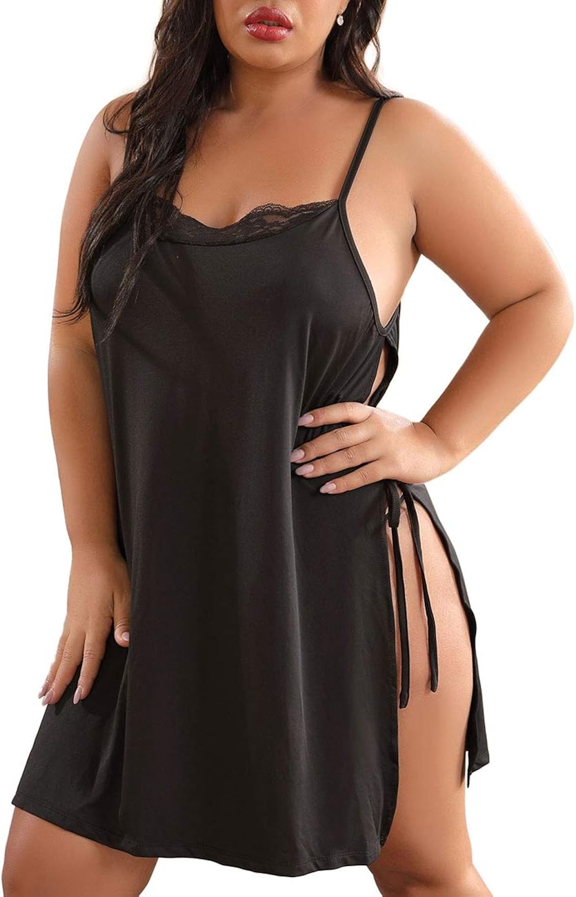 XAKALAKA Women Plus Size Lace Babydoll Lingerie Side Slit Strappy Chemise Sleepwear at  Women’s Clothing store