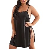 XAKALAKA Women Plus Size Lace Babydoll Lingerie Side Slit Strappy Chemise Sleepwear