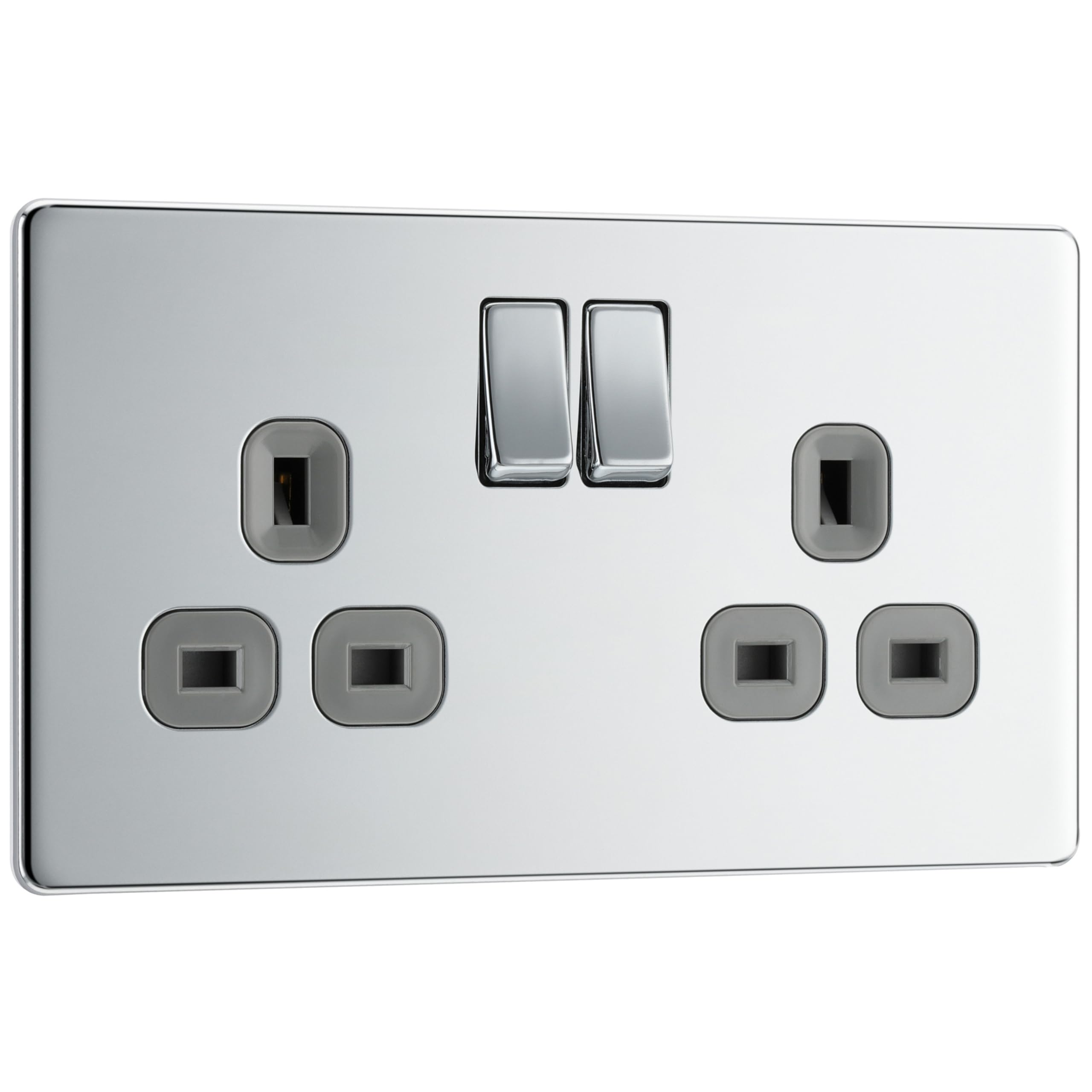 BG Electrical Double Switched Power Plug Wall Socket, Flatplate Screwless, Polished Chrome, Grey Inserts, 13A, FPC22G