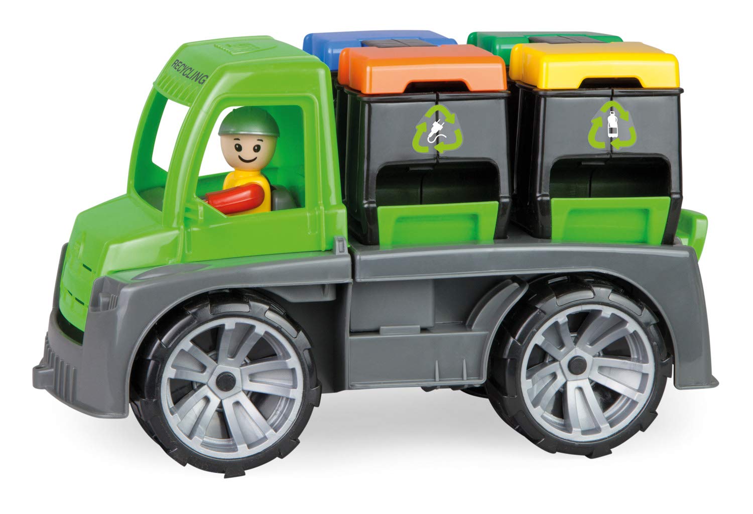 Lena 04453 Truxx Recycling Garbage Approx. 26 cm, Robust, Rubbish Truck with Function, 2 Double Wheelie Bins and Fully Movable Toy Figure, for Children from 2 Years, Green