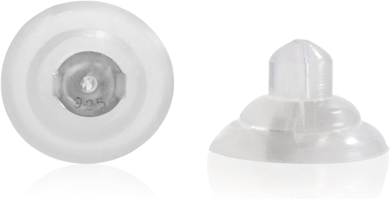 Universal EZback Earring Backs Soft Clear Silicone and Sterling Silver Medium 1 Pair
