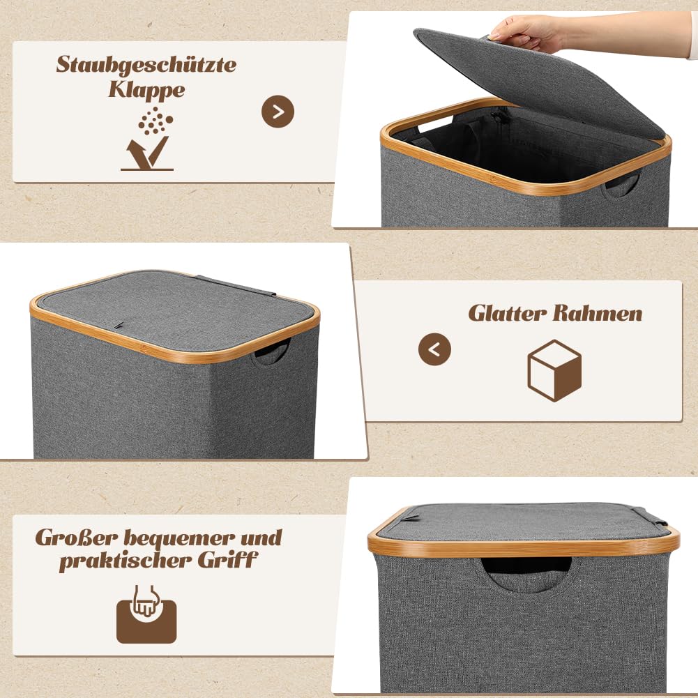 OUSFOT Wäschekorb mit Deckel 105L Wäschesammler faltbar aus 600D Oxford-Gewebe mit Abnehmbarem Wäschesack Bambus-Wäschebox Wäschesortierer Wäschetonne Laundry baskets Grau 3