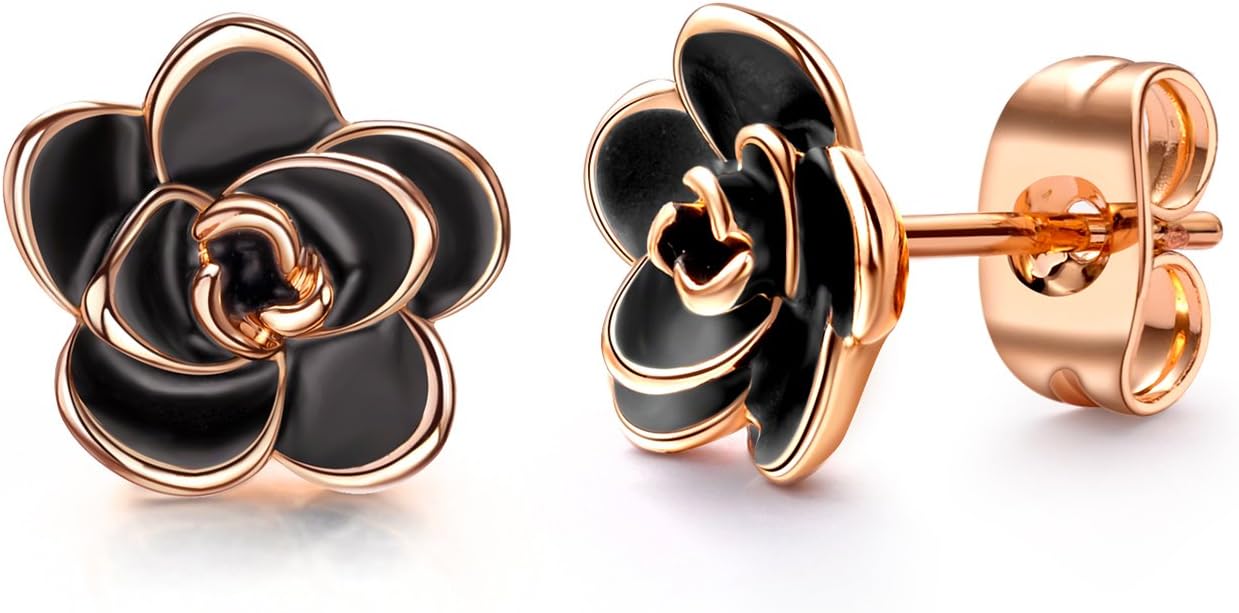 AllenCOCO 18K Gold Plated Black Rose Flower Stud Earrings for Women