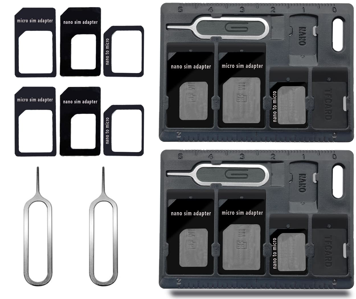 CKANDAY 2 Packs SIM Card Holders with Tray Opener Pins, Card Storage Tool Set for Standard Micro Nano Micro-SD Memory Cards, with 3 Card Adapters and 1 Eject Pins - Black