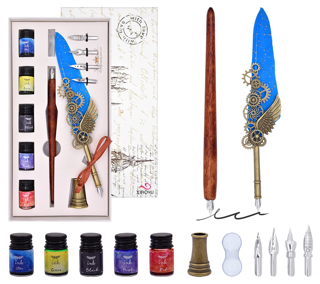 XIAOYU Mechanical Feather Quill Pen Set, Vintage Calligraphy Dip Pen Set with 4 Replacement Nibs, 5 Bottle Inks, Smooth Calligraphy Dipped Pen Ink Kit, Lake Blue