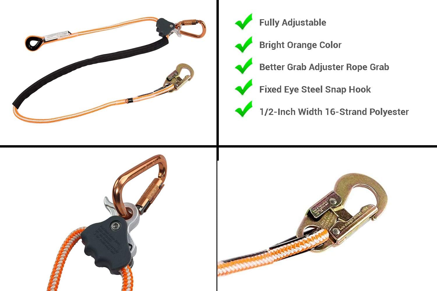 Pelican Rope Positioning Lanyard with Steel Snap Hook (1/2 inch x 8 feet) – Polyester Rope, Adjustable Lanyard, for Fall Protection, Arborist, Tree Climbers - - 