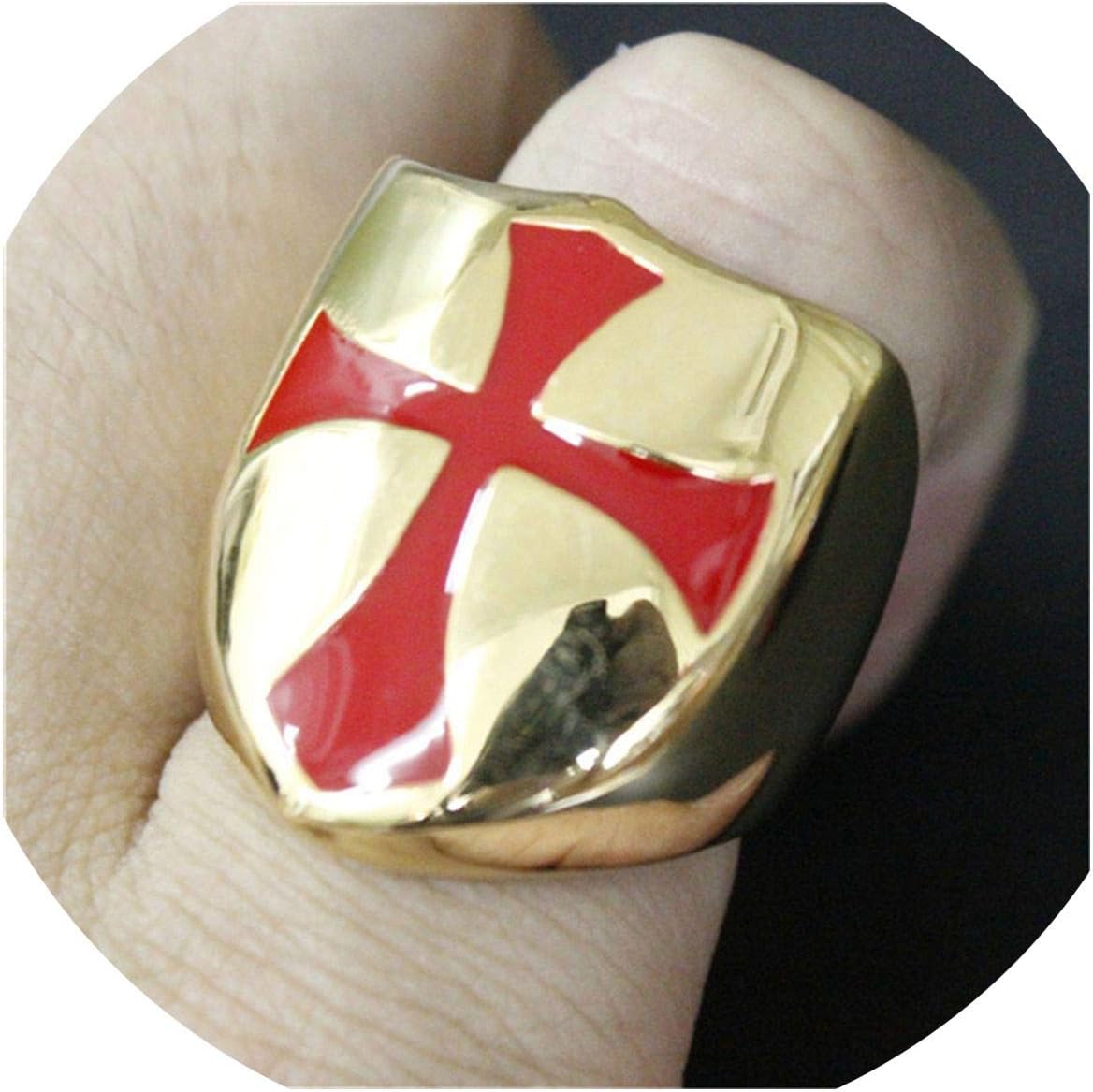 1 Pcs Black Golden Polishing Shield Ring 316L Stainless Steel Punk Jewelry Red Cross Ring,9,Golden