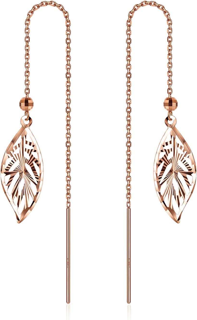 18k Gold Leaf Dangle Earring, Solid Gold Chain Threader Earrings for Women Teens, Fine Jewelry Gift