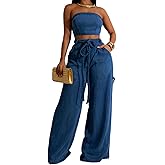 Molilove Womens Denim Set 2 Piece Outfits Sexy Sleeveless Tube Top Drawstring Wide Leg Jeans With Pockets Y2K Matching Set