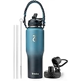 Trebo 40 oz Water Bottle Insulated Fit in Any Car Cup Holder,Triple Wall Vacuum Insulated Water Bottle (Cold for 48 Hrs, Hot for 24 Hrs),Leakproof Stainless Steel Tumbler Flask with Paracord Handle