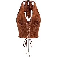 SHENHE Women's Open Back Knitted Halter Crop Top Tie Backless
