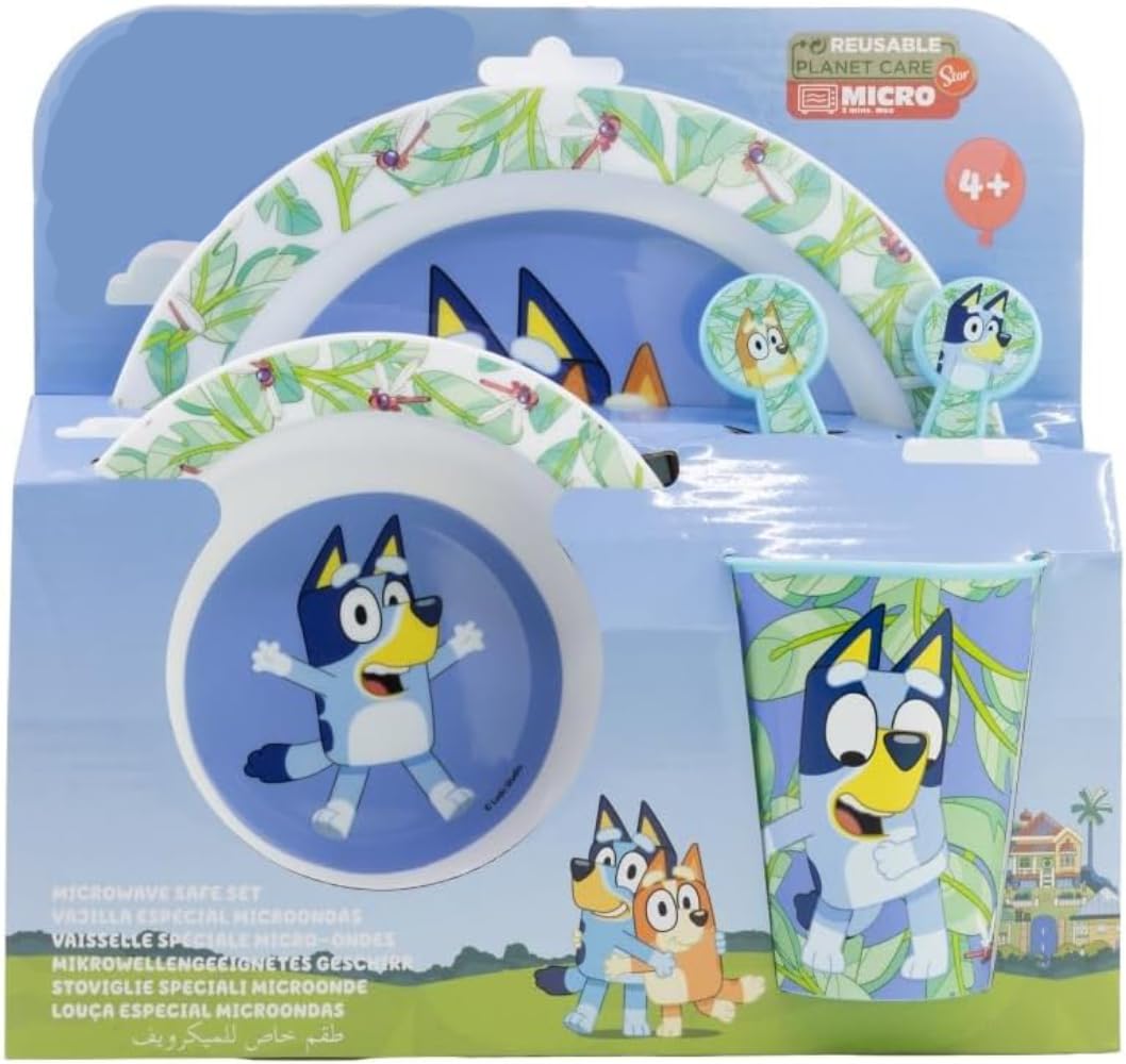 Microwave Safe 5pcs Character Animation 2023 Cartoon Dinner Tableware Set Plate, Bowl, Cup, Fork, Spoon BPA Free re-usable Plastic (Bluey)
