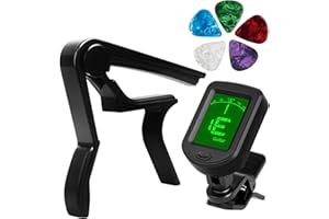 JINWEE Clip-On Chromatic Tuner, Buzzing-Free Guitar Capo,Quick Release capo for Acoustic Guitar, Bass, Ukulele, Violin with 5Pcs Pick.