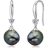 Black Pearl Earrings for Women, 925 Sterling Silver Tahitian Cultured 8-9mm Baroque Pearl Drop Dangle Earrings Jewelry Gifts for Her