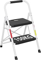 BONTEC 2 Step Ladder 150KG Anti‑Slip Pedals Folding Steel Lightweight White