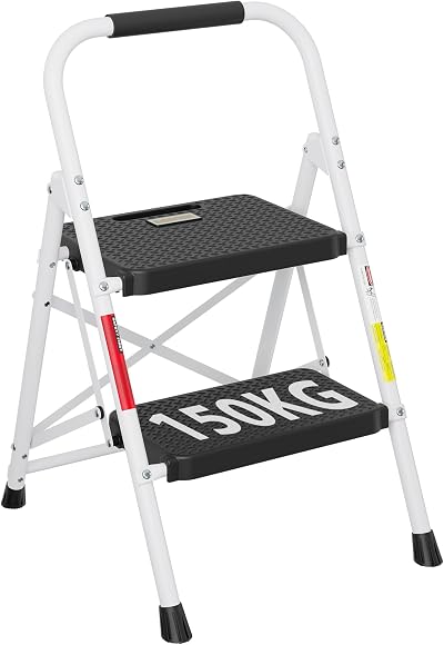 BONTEC 2 Step Ladder 150KG Anti‑Slip Pedals Folding Steel Lightweight White