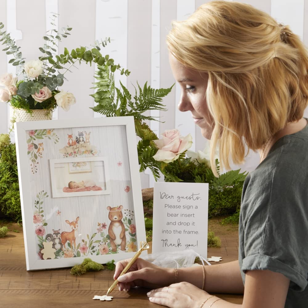 Kate Aspen Pink Woodland Baby Shower Decorations Guest Book Alternative with Wooden Teddy Bear Inserts, Woodland Nursery Decor