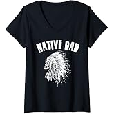 Womens Native Dad Retro Native American Indian Skull & Headdress V-Neck T-Shirt