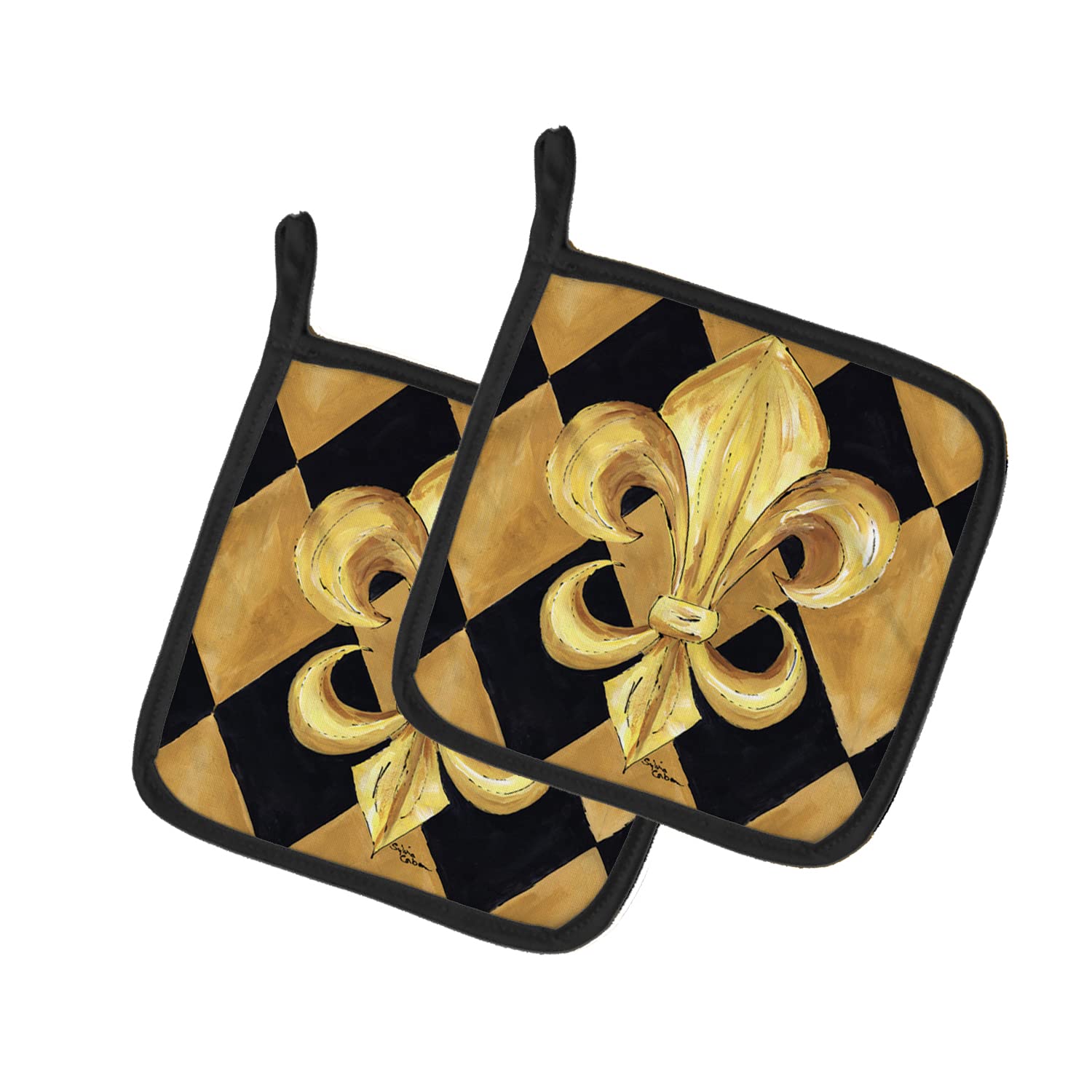 Caroline's Treasures Black and Gold Fleur de lis New Orleans Pair of Pot Holders 8125PTHD, Fabric, Multicolor, 7.5HX7.5W