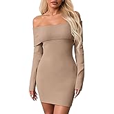 Wenrine Womens Off The Shoulder Sweater Dress Casual Ribbed Knit Long Sleeve Bodycon 2025 Fall Party Mini Dresses