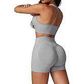 ABOCIW Womens Seamless Workout Sets V Neck Sports Bra Scrunch Butt High Waist Biker Shorts 2 Piece Gym Yoga Outfits