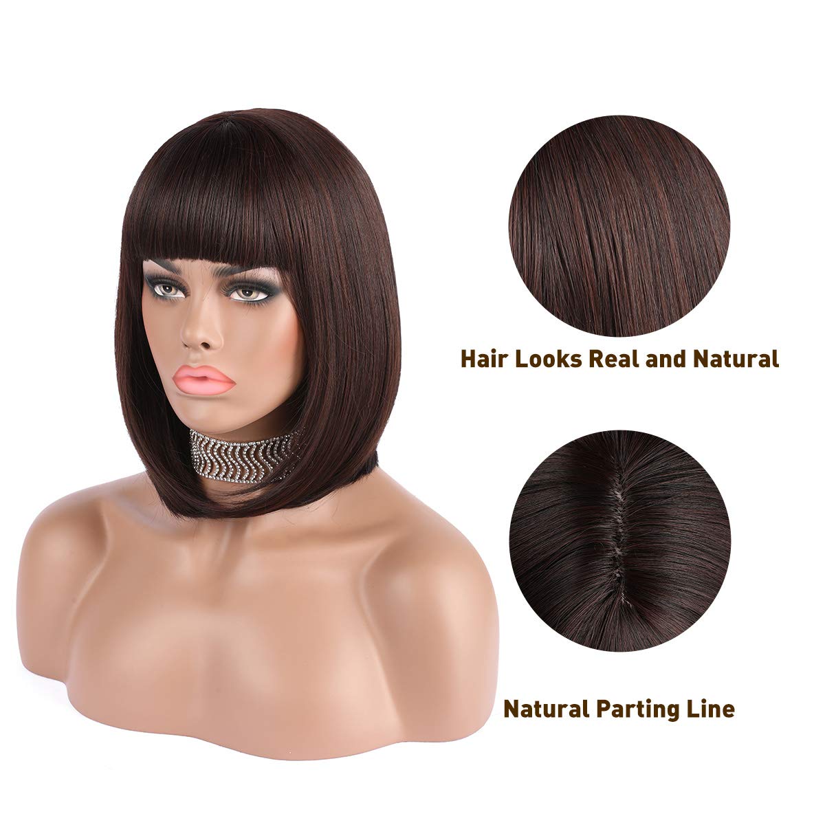 Enilecor Short Bob Hair Wigs 12 Straight With Flat Bangs