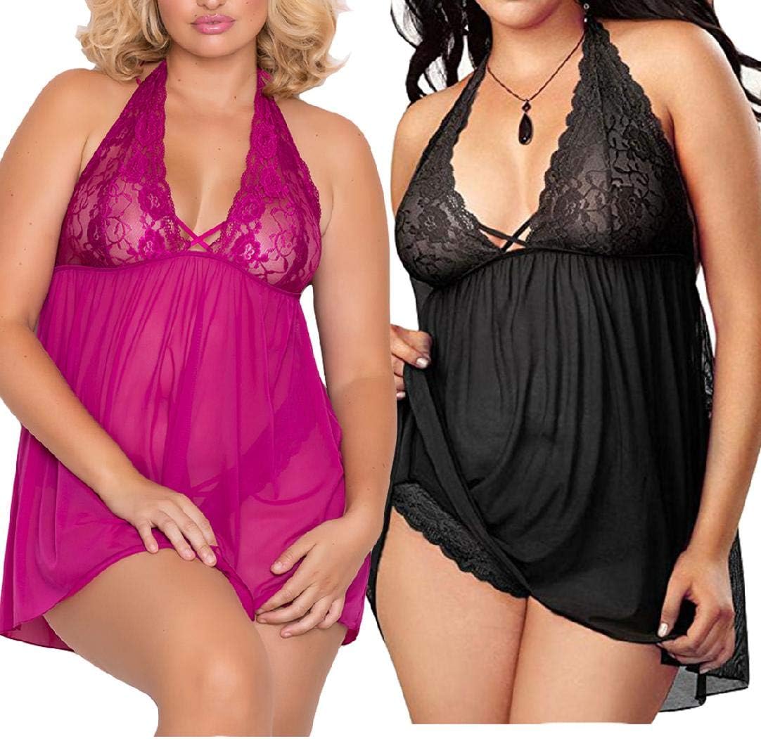 2 Pack Women Babydoll V-Neck Halter Plunging Teddy Sexy Lace Lingerie Set Babydoll Stretchy Lace Cups Sleepwear Chemises (Black+Rose Pink)