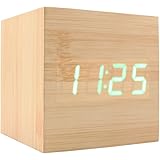 JLYSHOP Wooden Alarm Clock, USB Digital Retro Alarm Clock Cube Wood Led Desktop Table Home Decor Mini Travel Clock Voice Sound Control (GREEN)