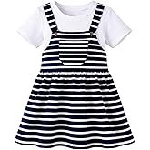 HILEELANG Toddler Girls Jumper Dress Set, Cotton Tee and Suspender Dress 2 Piece Outfit, Striped Gingham Denim Styles, 2T–8T