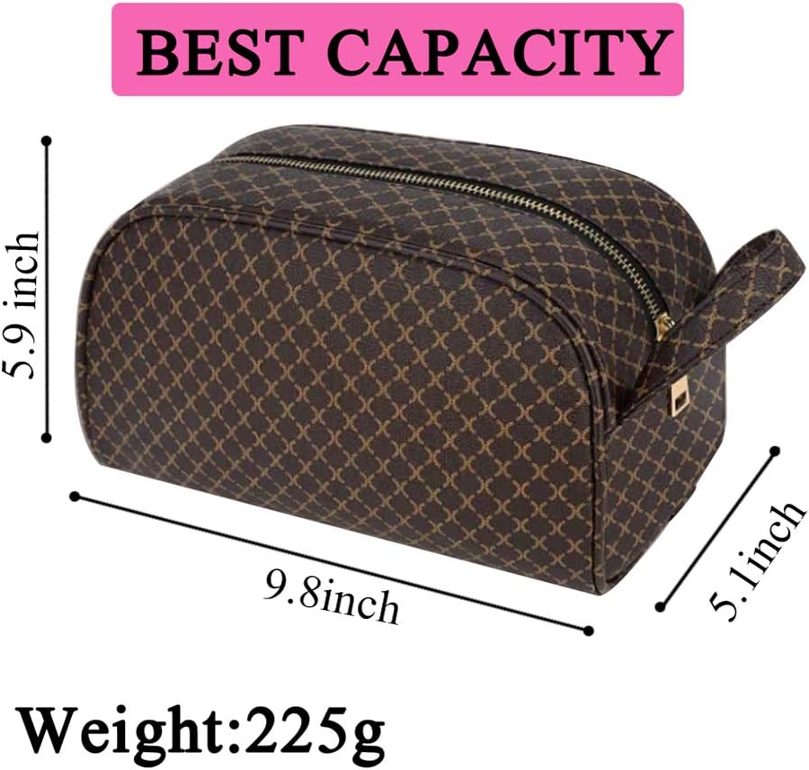 Large Travel Cosmetic Bag Organizer Toiletry Bag Portable Makeup Bag for Women Girls PU Leather Metal Zipper for Business School Sating Shopping (Brown)