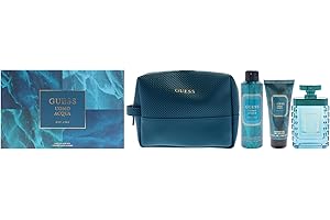 Guess Uomo Acqua by Guess for Men - 4 Pc Gift Set 3.4oz EDT Spray, 6oz Deodorizing Body Spray, 3.4oz Shower Gel, Pouch