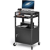 Steel Large AV Cart with Locking Cabinet - Adjustable Height Media Carts with Wheels, Pullout Tray, Power Strip for Mobile Wo