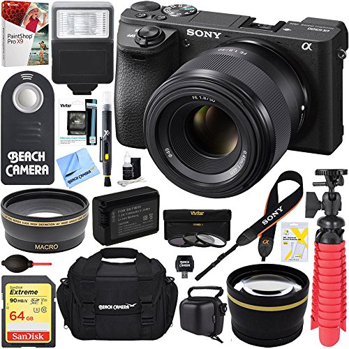 Sony-ILCE-6500-a6500-4K-Mirrorless-Camera-Body-50mm-E-Mount-Lens-64GB-Memory-Card-Large-Gadget-Camera-Bag-PaintShop-Pro-Slave-Flash-Remote-Microfiber-Cloth-Lens-Cleaning-Pen-More